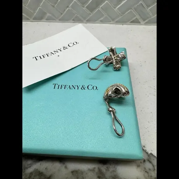 Tiffany & Co. Gold Rope Silver Signature ''X'' Clip-on Earrings .925 Silver Cert
